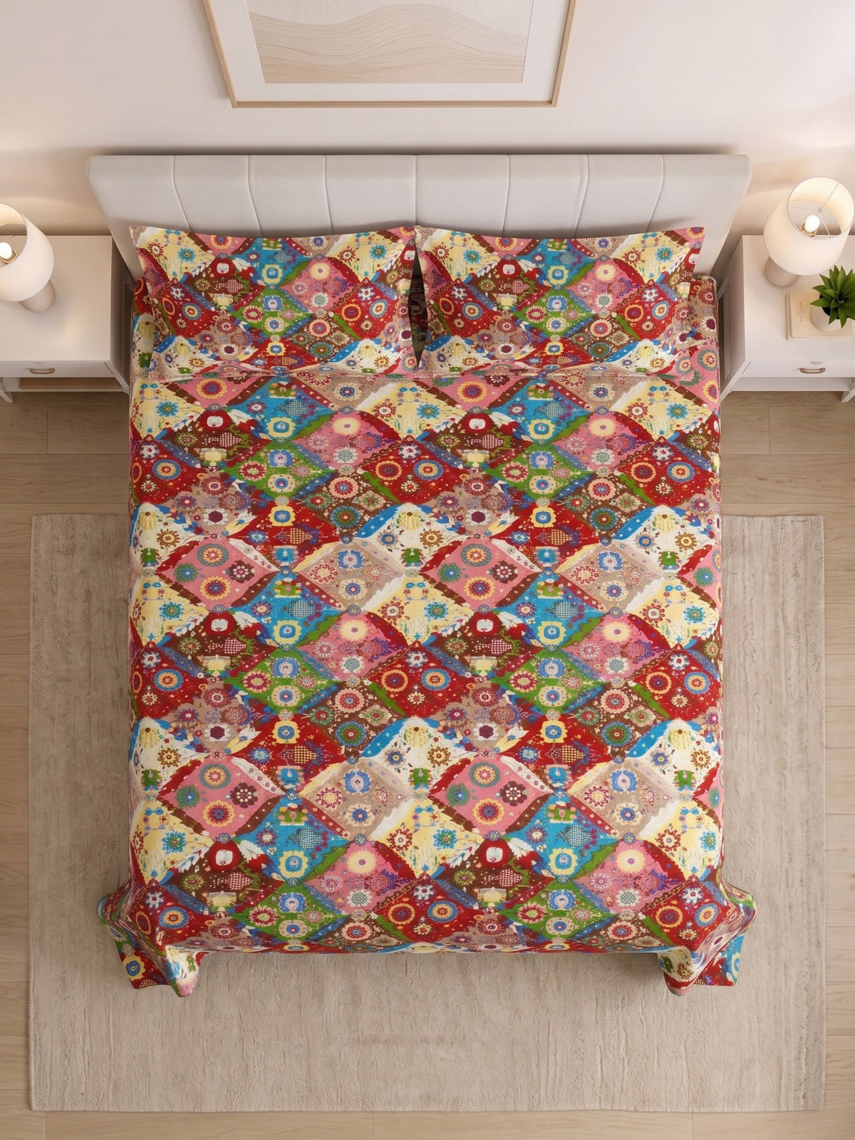 130 GSM Pearl Double Bed Linen Set with 2 Pillow Covers 90x100, Red Multi