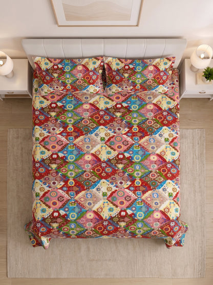 130 GSM Pearl Double Bed Linen Set with 2 Pillow Covers 90x100, Red Multi
