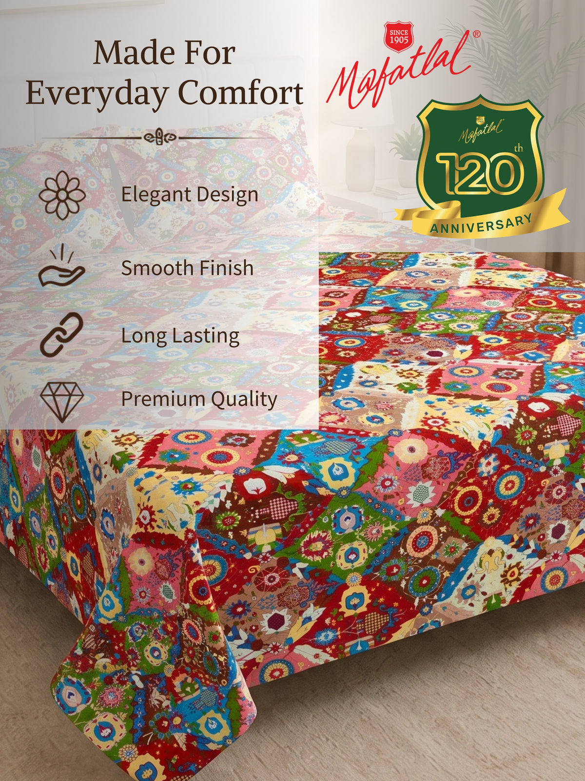 130 GSM Pearl Double Bed Linen Set with 2 Pillow Covers 90x100, Red Multi
