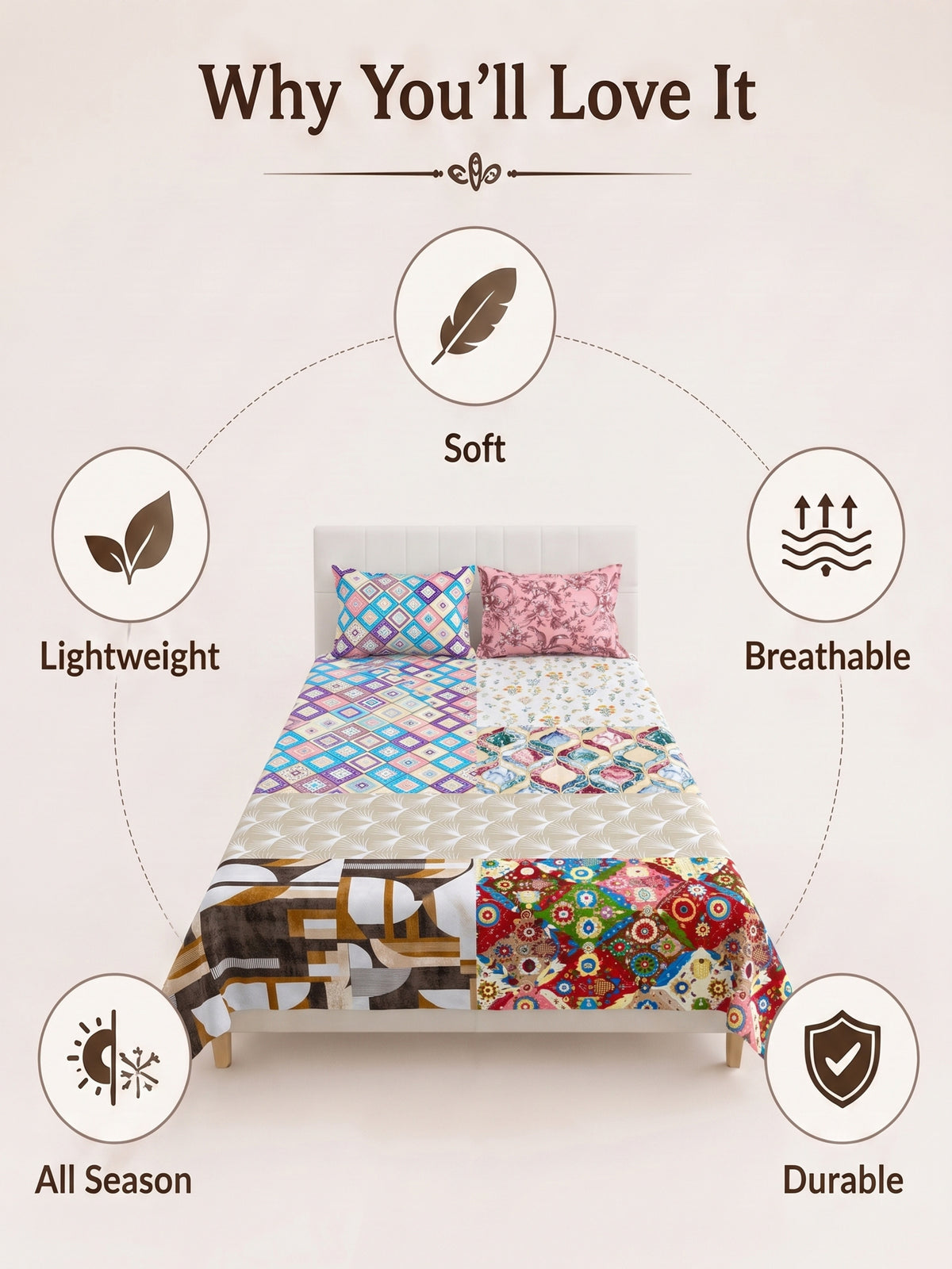 130 GSM Pearl Double Bed Linen Set with 2 Pillow Covers 90x100, Red Multi