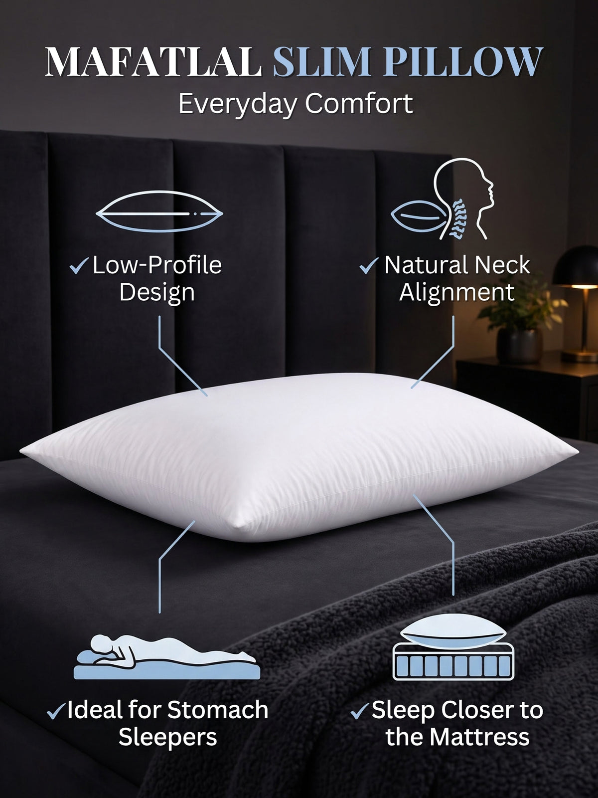 Slim Pillow for Sleeping | Low Height Soft Pillow | 550g Virgin Hollow Fiber Filling | Microfiber | 17 x 27 Inches | White | Pack of 1