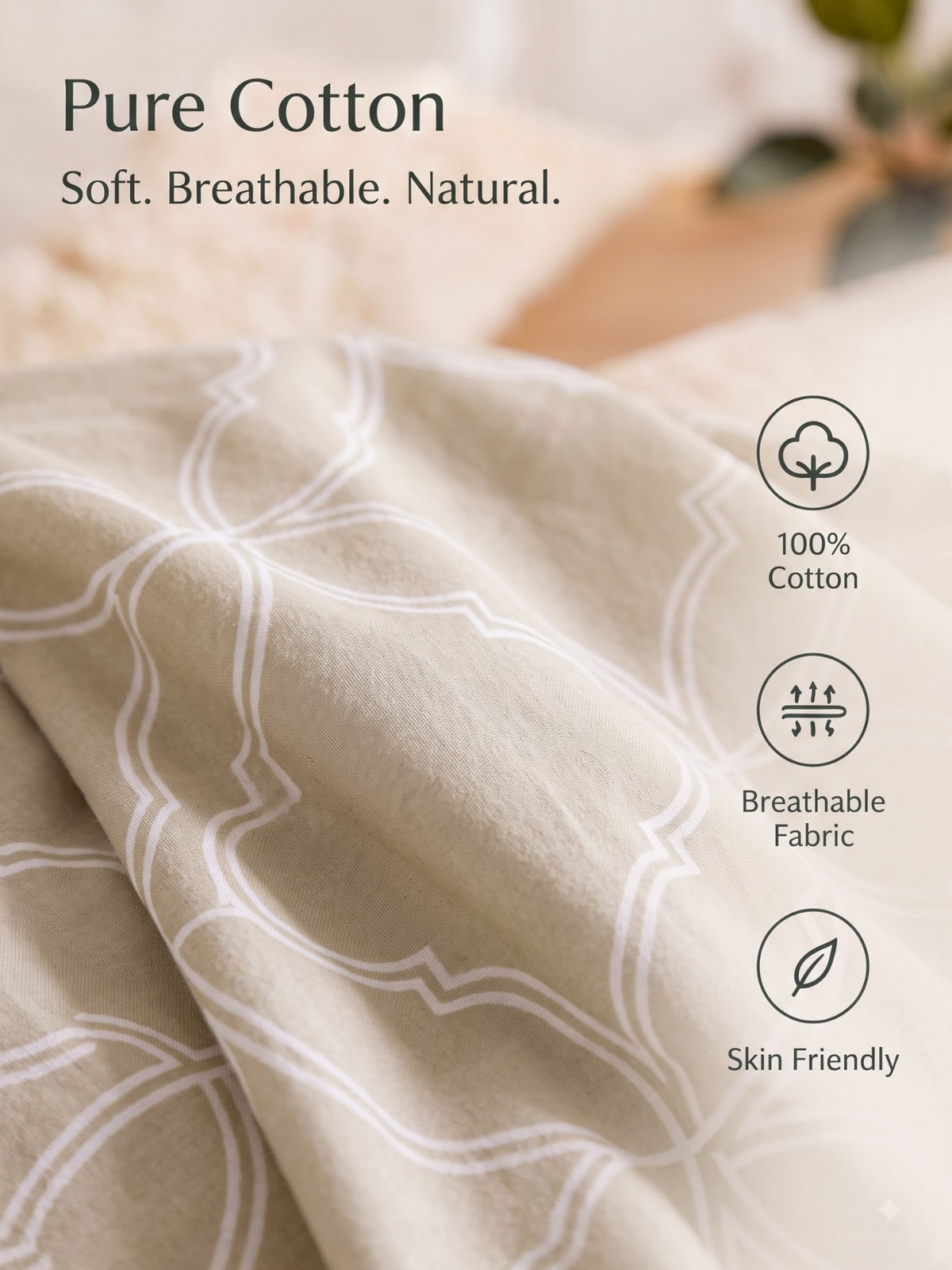 PLUMERIA King Size Bedsheet | 100% Cotton | 210 TC Premium Fabric | 108 x 108 Inches | 2 Pillow Covers|Cream Beige Print