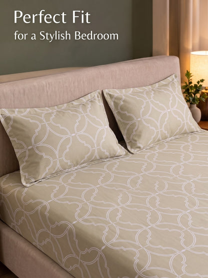 PLUMERIA King Size Bedsheet | 100% Cotton | 210 TC Premium Fabric | 108 x 108 Inches | 2 Pillow Covers|Cream Beige Print