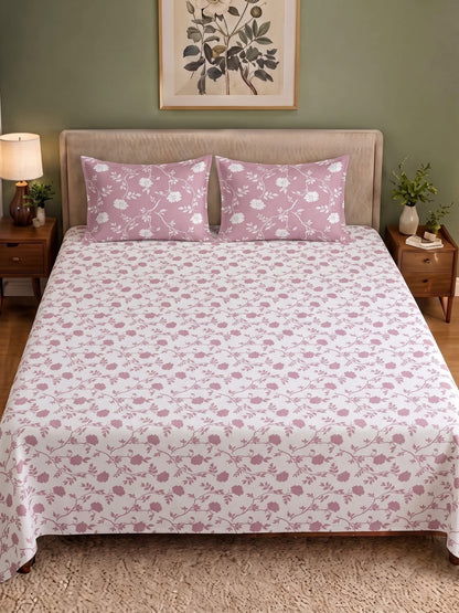 100% Cotton Classic Bedsheet - 108 x 108 Inches, 144 TC|White Pink
