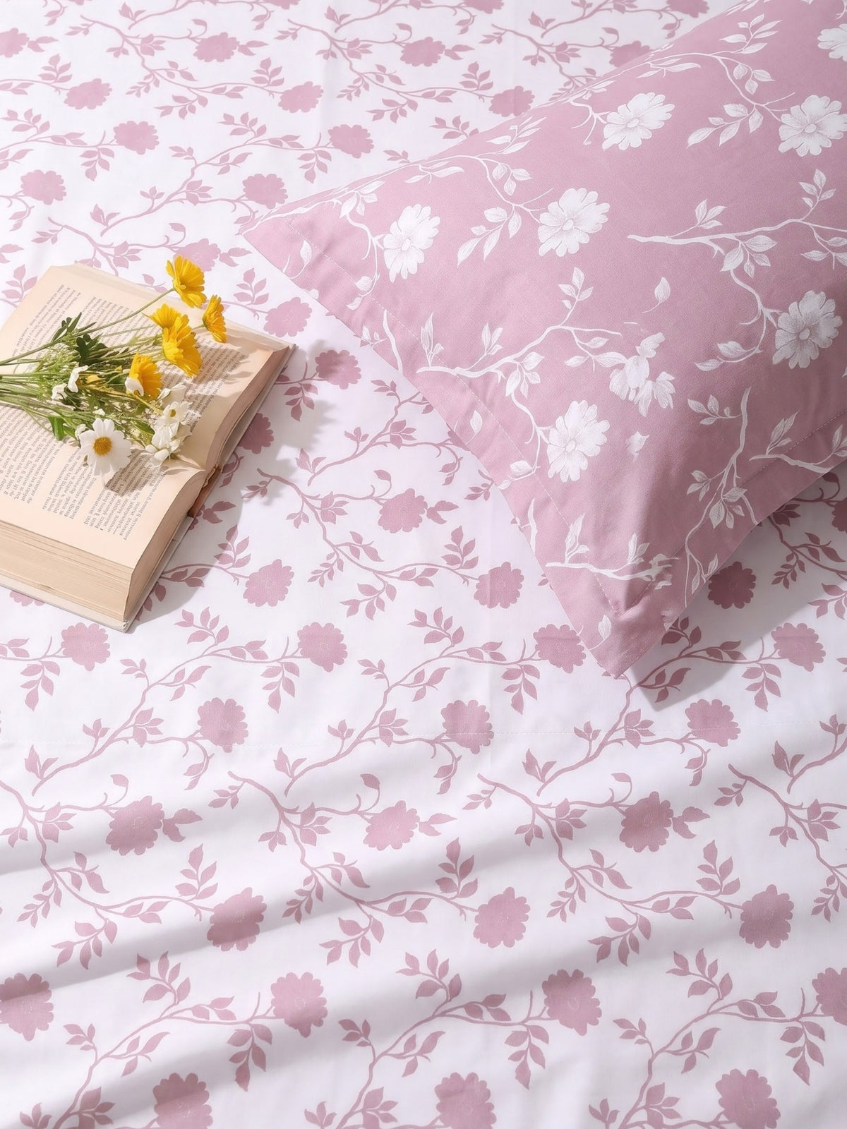 100% Cotton Classic Bedsheet - 108 x 108 Inches, 144 TC|White Pink