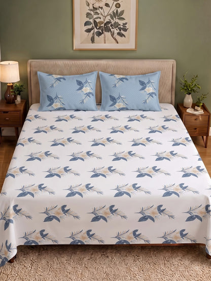 100% Cotton Classic Bedsheet - 108 x 108 Inches, 144 TC|White Blue