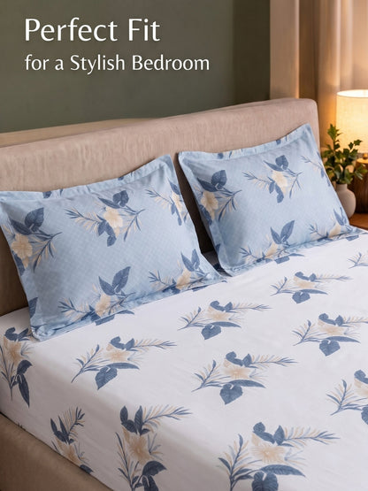 100% Cotton Classic Bedsheet - 108 x 108 Inches, 144 TC|White Blue