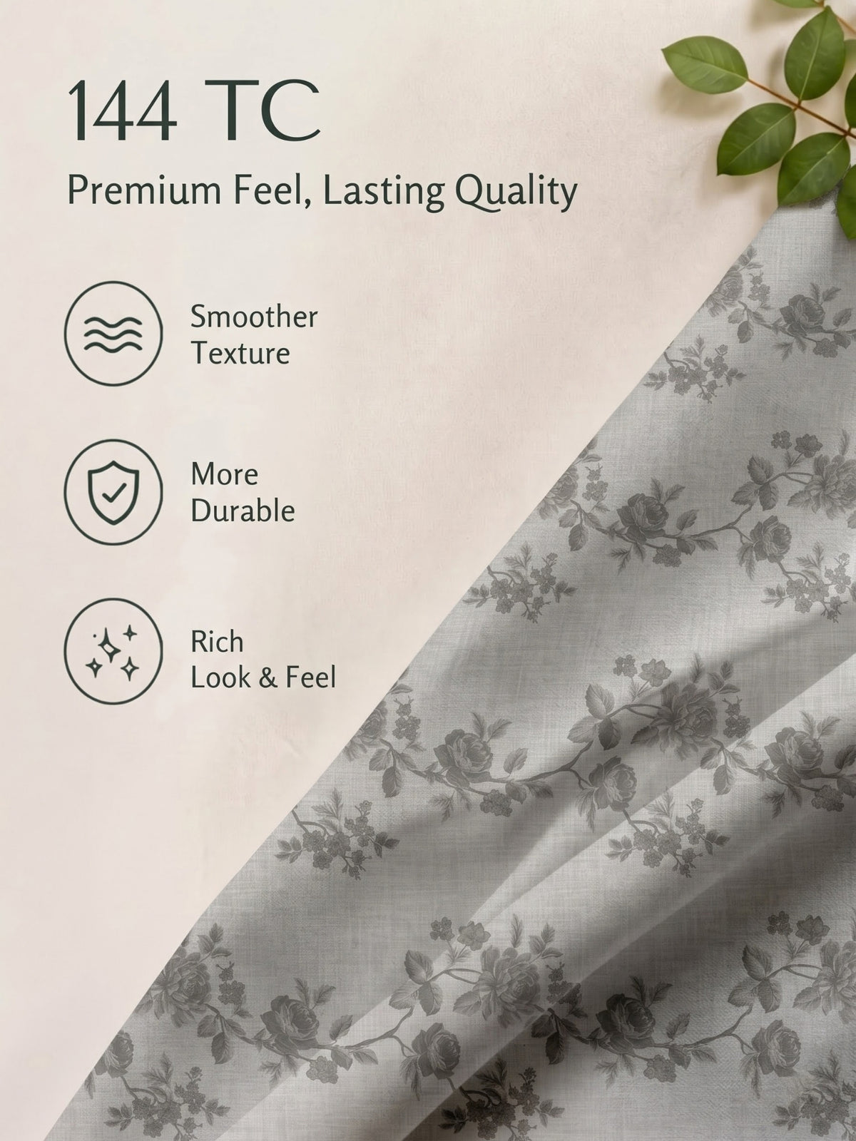 100% Cotton Classic Bedsheet - 108 x 108 Inches, 144 TC|Light Grey