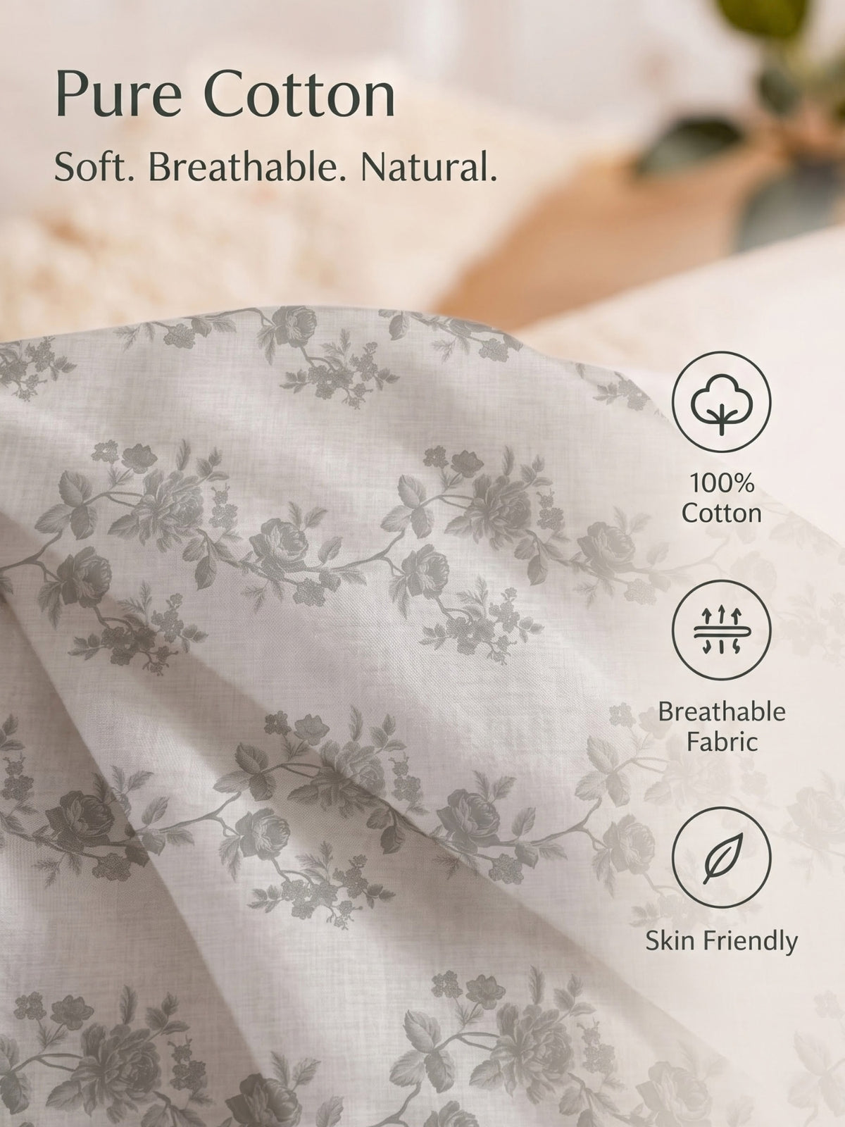 100% Cotton Classic Bedsheet - 108 x 108 Inches, 144 TC|Light Grey