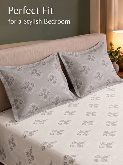 CROWN 100% Cotton Premium Bedsheet | 186 TC Twill Satin Weave | King Size 108 x 108 Inches | Soft, Breathable & Durable| Beige&grey