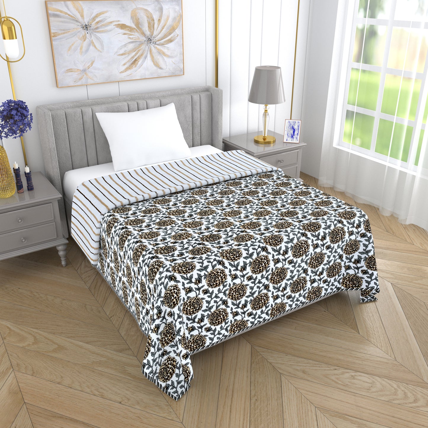 300 GSM Pure Cotton Malmal Single Bed Dohar | 58 x 88 Inch | Cream Grey