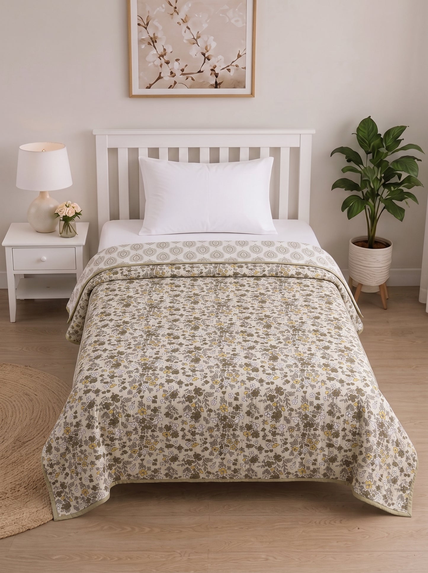 150 GSM Sparsh Cambric Cotton Reversible Single Bed Dohar 152 x 228 cm – Olive Green