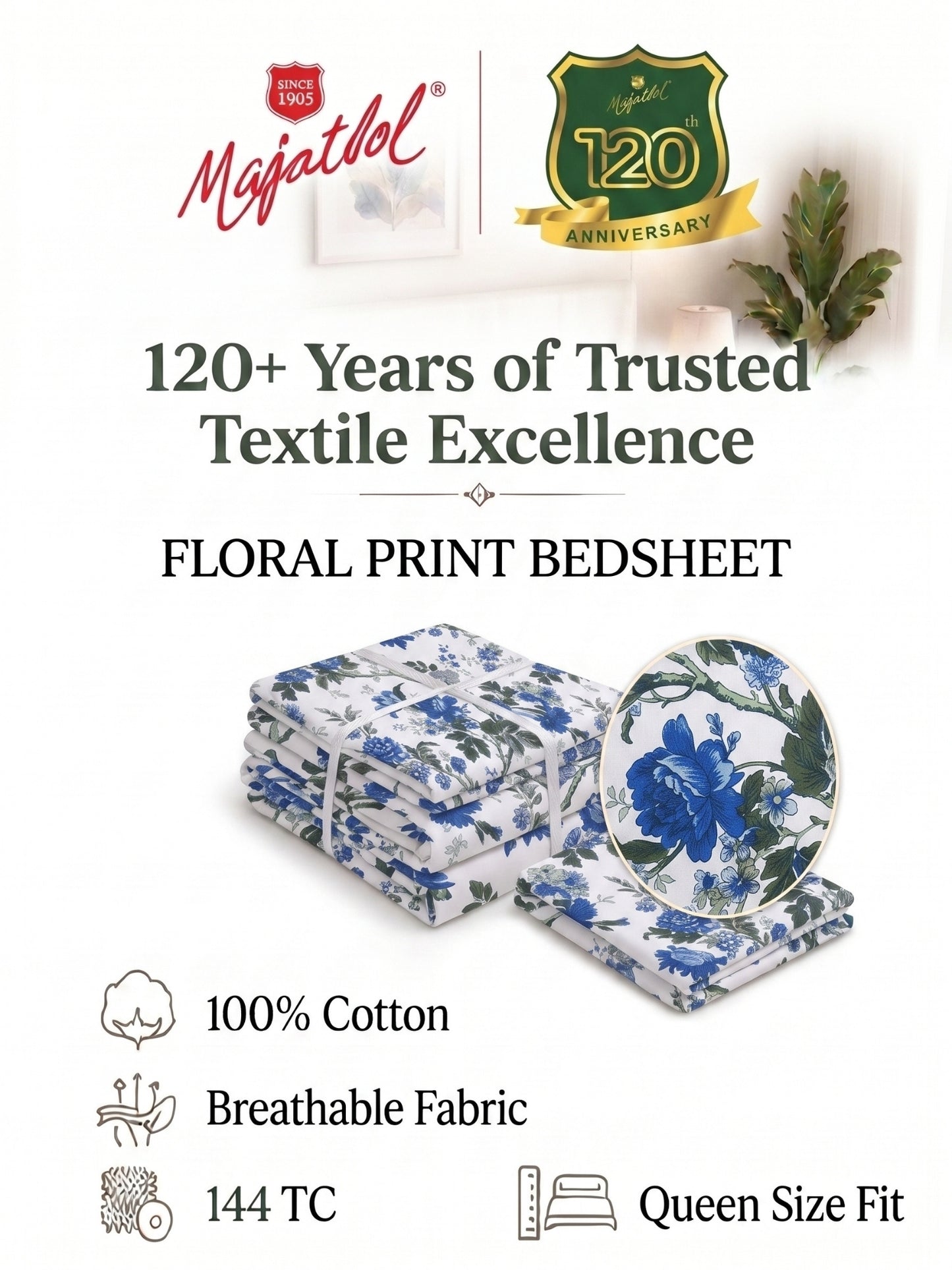 144 TC Pure Cotton Double Bedsheet 90 x 100 Inch with 2 Pillow Cover