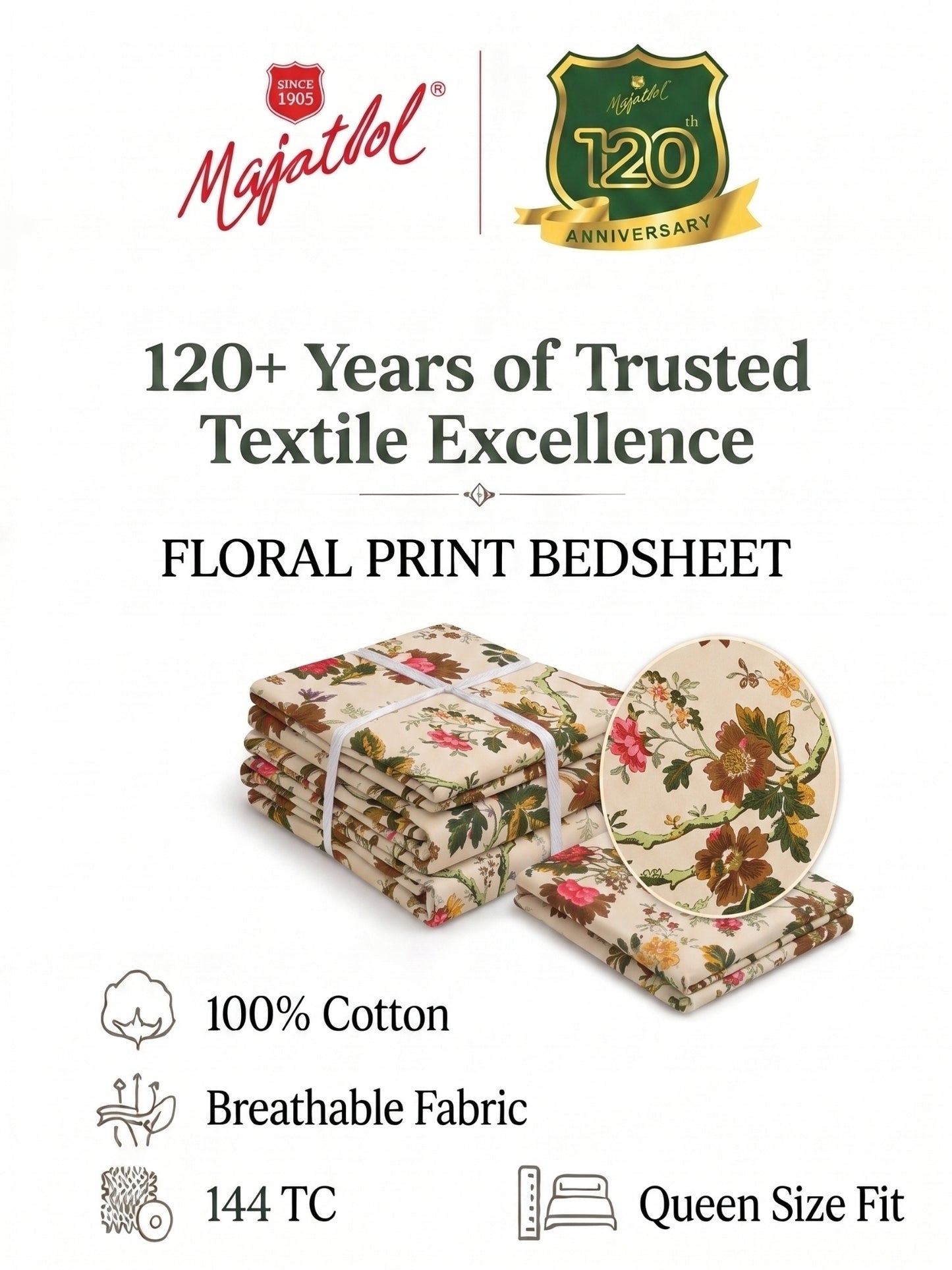 144 TC Pure Cotton Double Bedsheet 90 x 100 Inch with 2 Pillow Cover