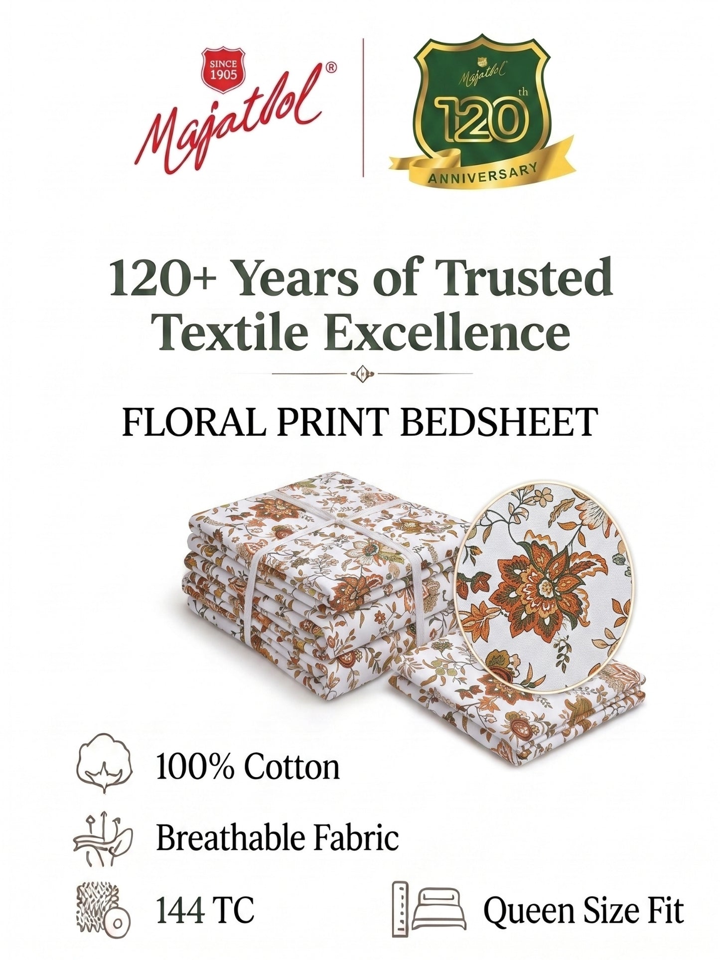 144 TC Pure Cotton Double Bedsheet 90 x 100 Inch with 2 Pillow Cover