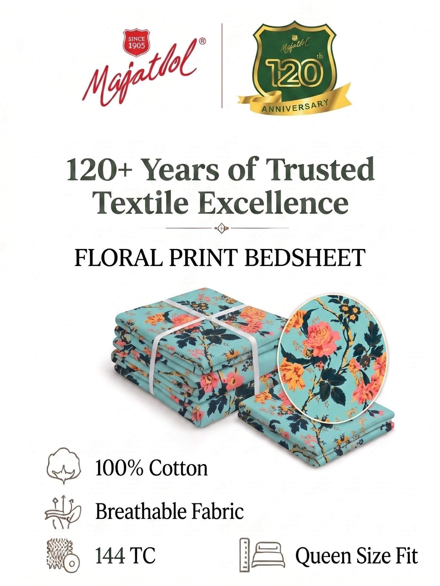 144 TC Pure Cotton Double Bedsheet 90 x 100 Inch with 2 Pillow Cover