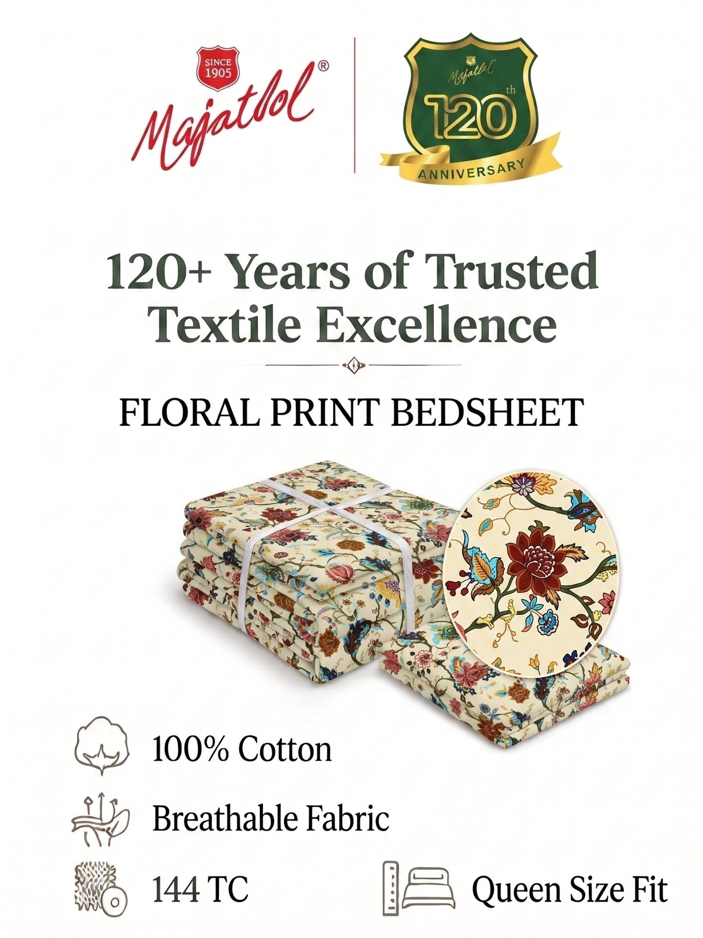 144 TC Pure Cotton Double Bedsheet 90 x 100 Inch with 2 Pillow Cover