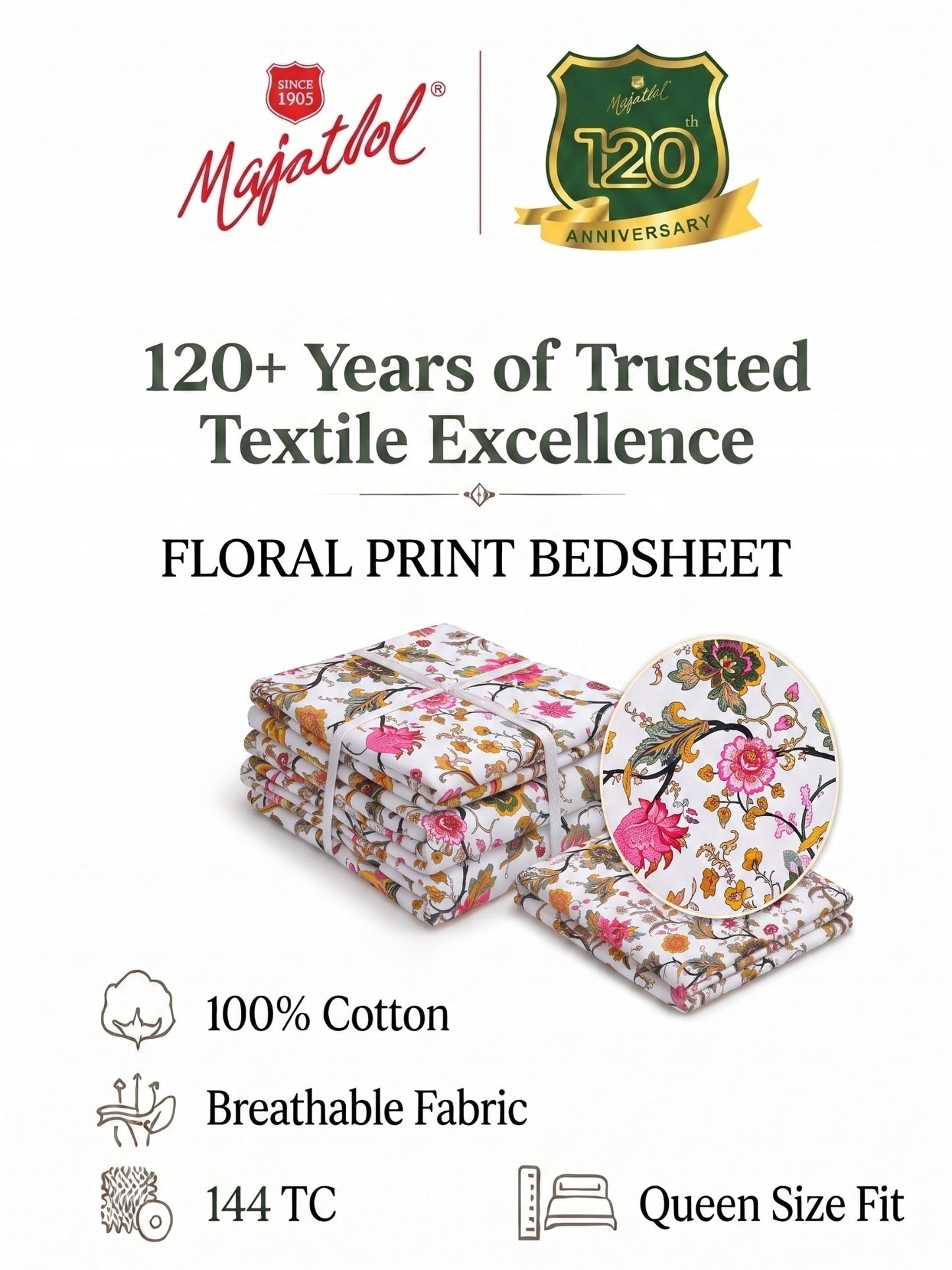 144 TC Pure Cotton Double Bedsheet 90 x 100 Inch with 2 Pillow Cover