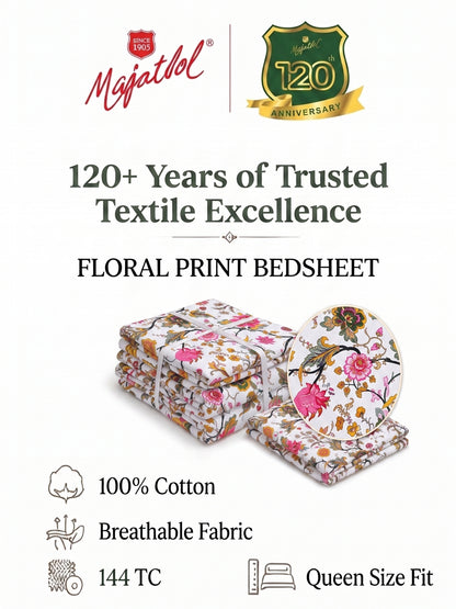 144 TC Pure Cotton Double Bedsheet 90 x 100 Inch with 2 Pillow Cover