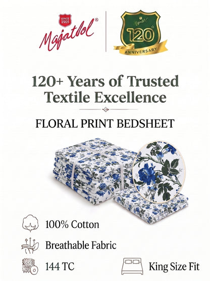 144 TC Pure Cotton King Size Bedsheet 108 x 108 Inch with 2 Pillow Covers