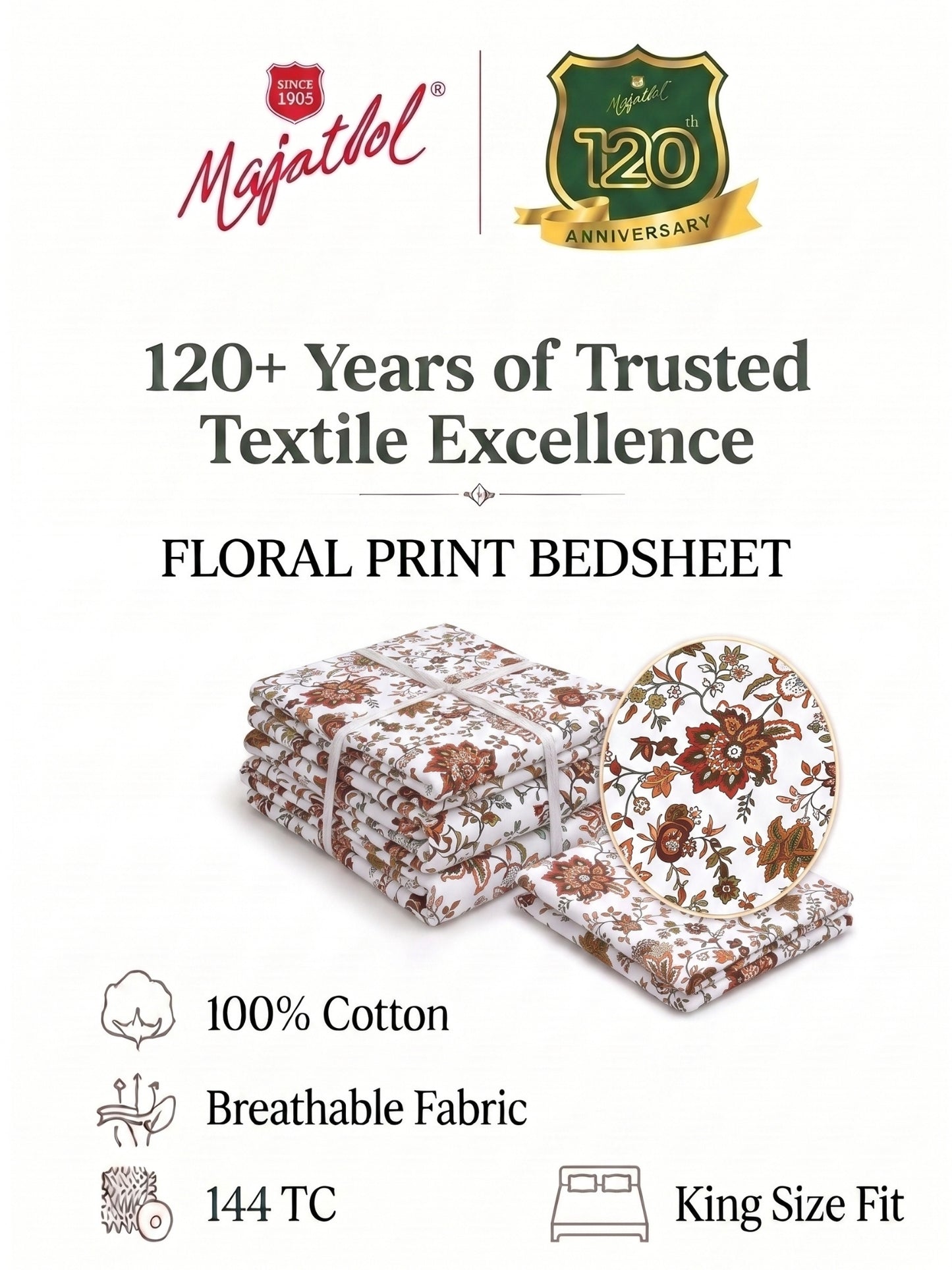 144 TC Pure Cotton King Size Bedsheet 108 x 108 Inch with 2 Pillow Covers