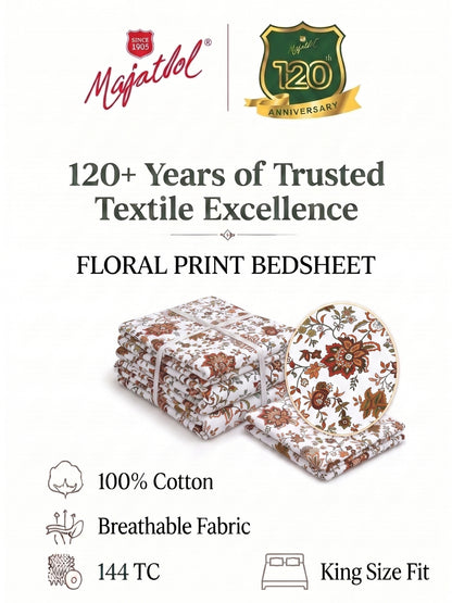 144 TC Pure Cotton King Size Bedsheet 108 x 108 Inch with 2 Pillow Covers