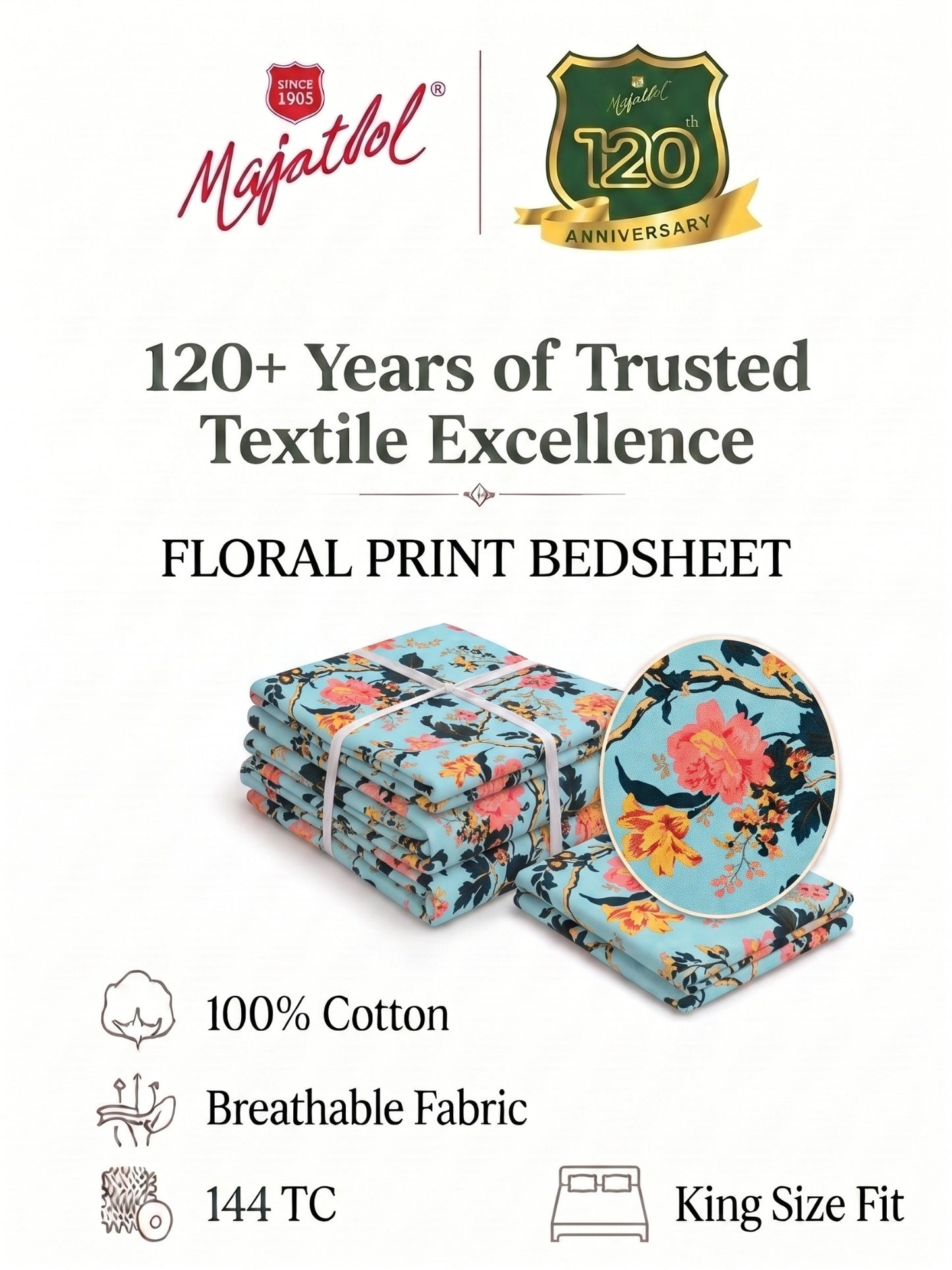 144 TC Pure Cotton King Size Bedsheet 108 x 108 Inch with 2 Pillow Covers