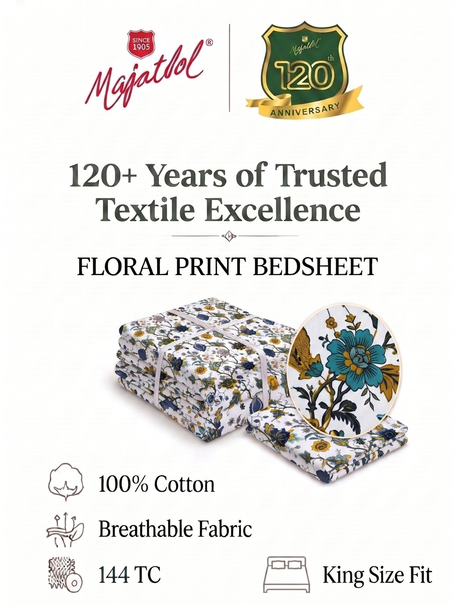 144 TC Pure Cotton King Size Bedsheet 108 x 108 Inch with 2 Pillow Covers