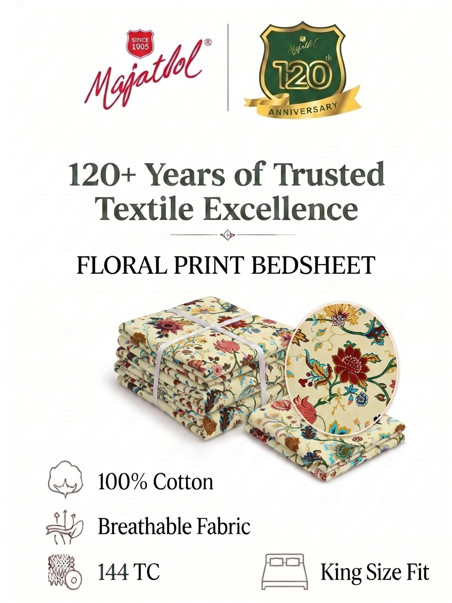 144 TC Pure Cotton King Size Bedsheet 108 x 108 Inch with 2 Pillow Covers