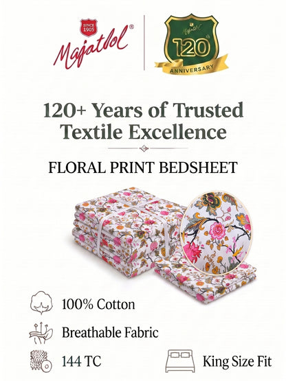 144 TC Pure Cotton King Size Bedsheet 108 x 108 Inch with 2 Pillow Covers