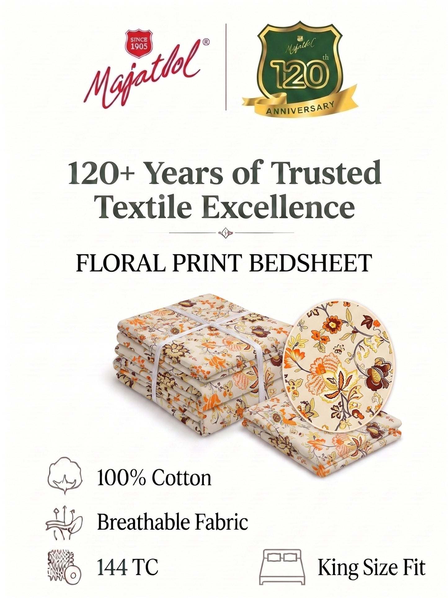 144 TC Pure Cotton King Size Bedsheet 108 x 108 Inch with 2 Pillow Covers
