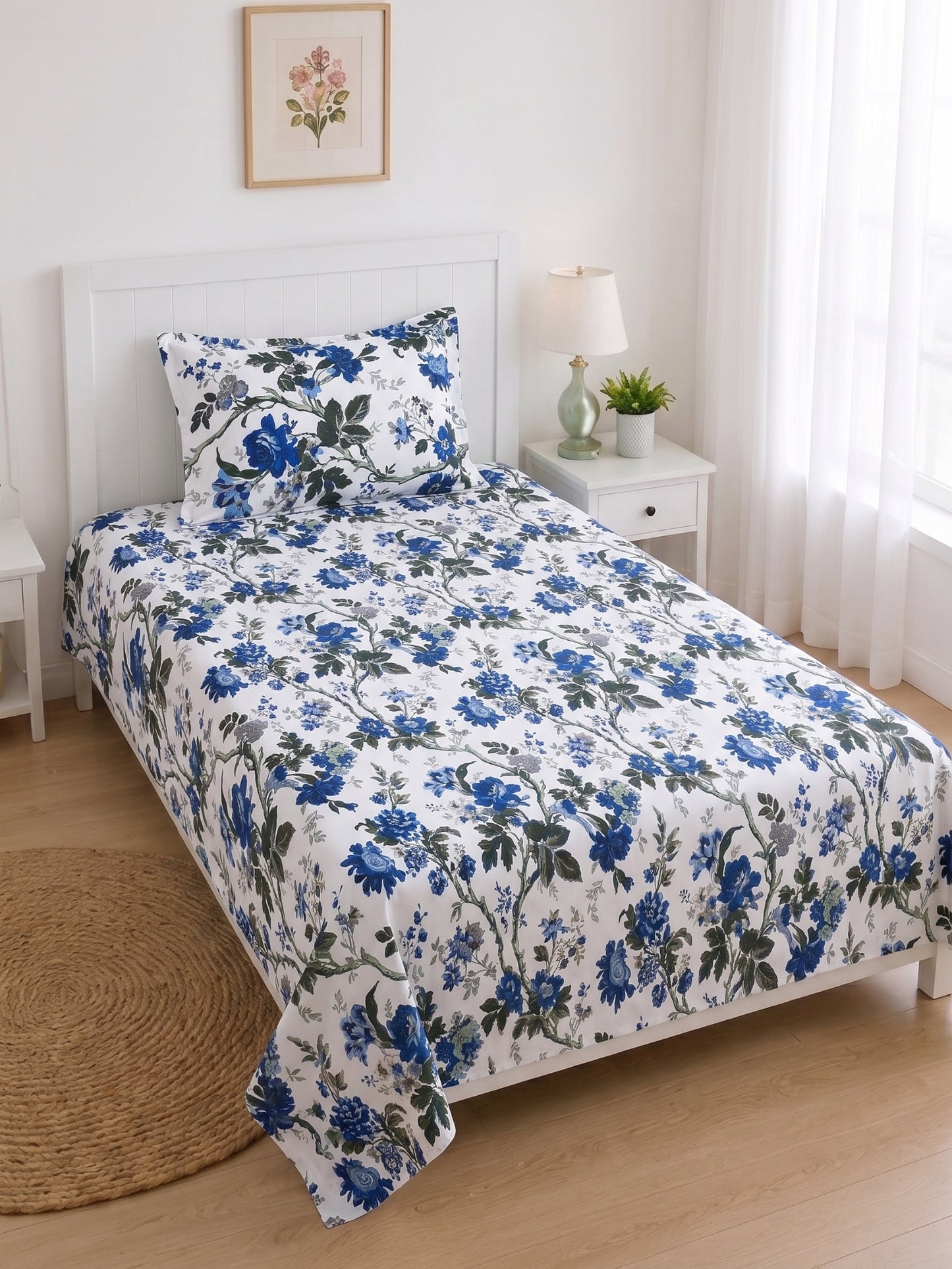 144 TC Pure Cotton Single Bedsheet 90 x 60 Inch with 1 Pillow Cover