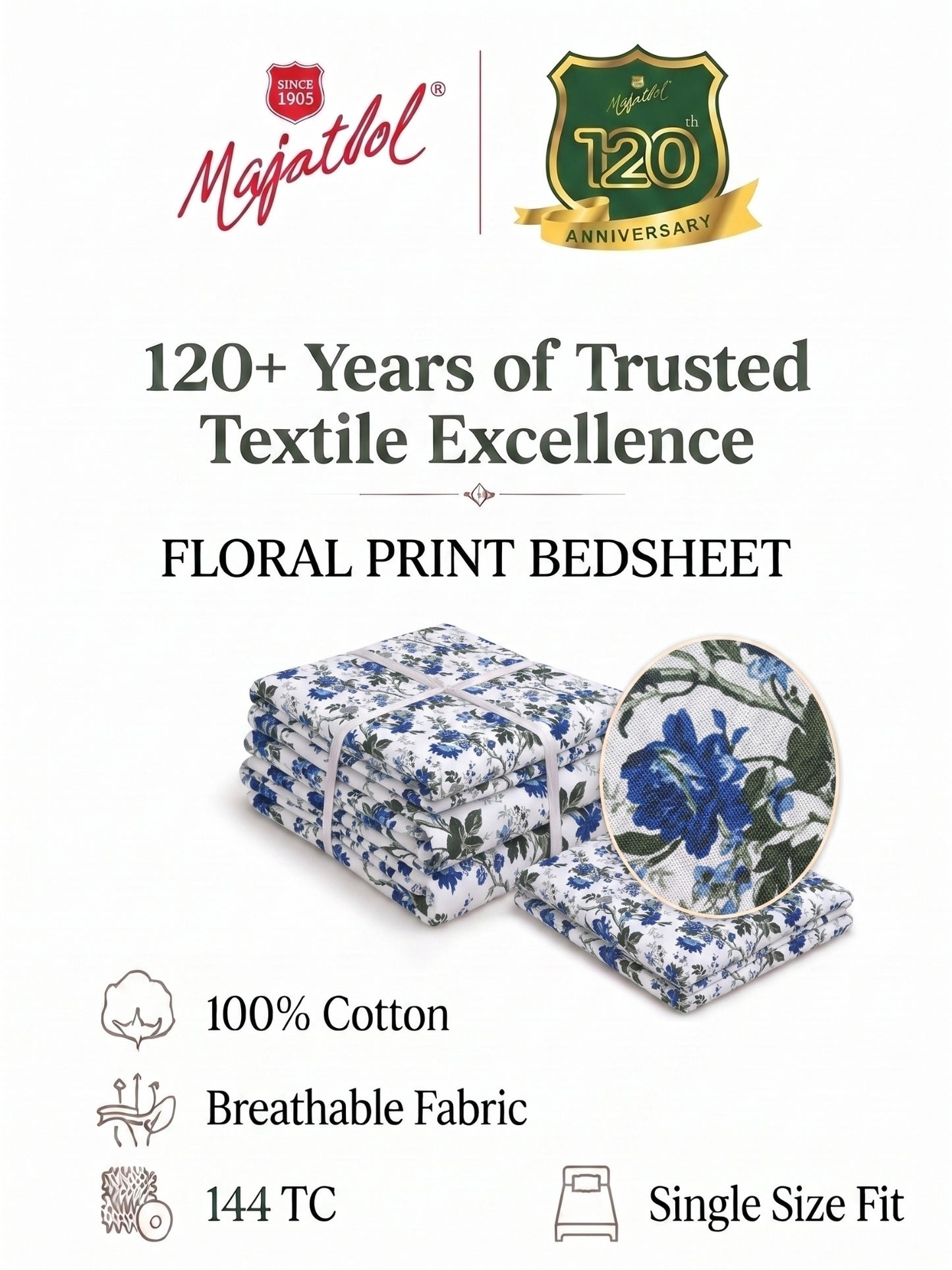 144 TC Pure Cotton Single Bedsheet 90 x 60 Inch with 1 Pillow Cover