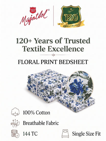 144 TC Pure Cotton Single Bedsheet 90 x 60 Inch with 1 Pillow Cover