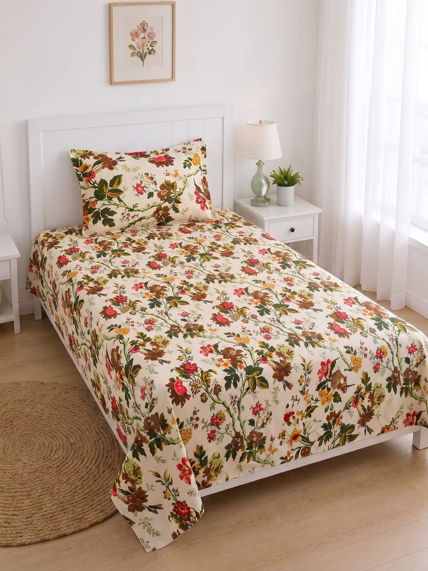 144 TC Pure Cotton Single Bedsheet 90 x 60 Inch with 1 Pillow Cover