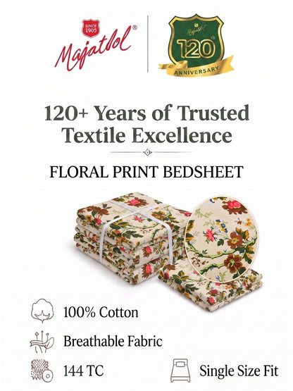 144 TC Pure Cotton Single Bedsheet 90 x 60 Inch with 1 Pillow Cover