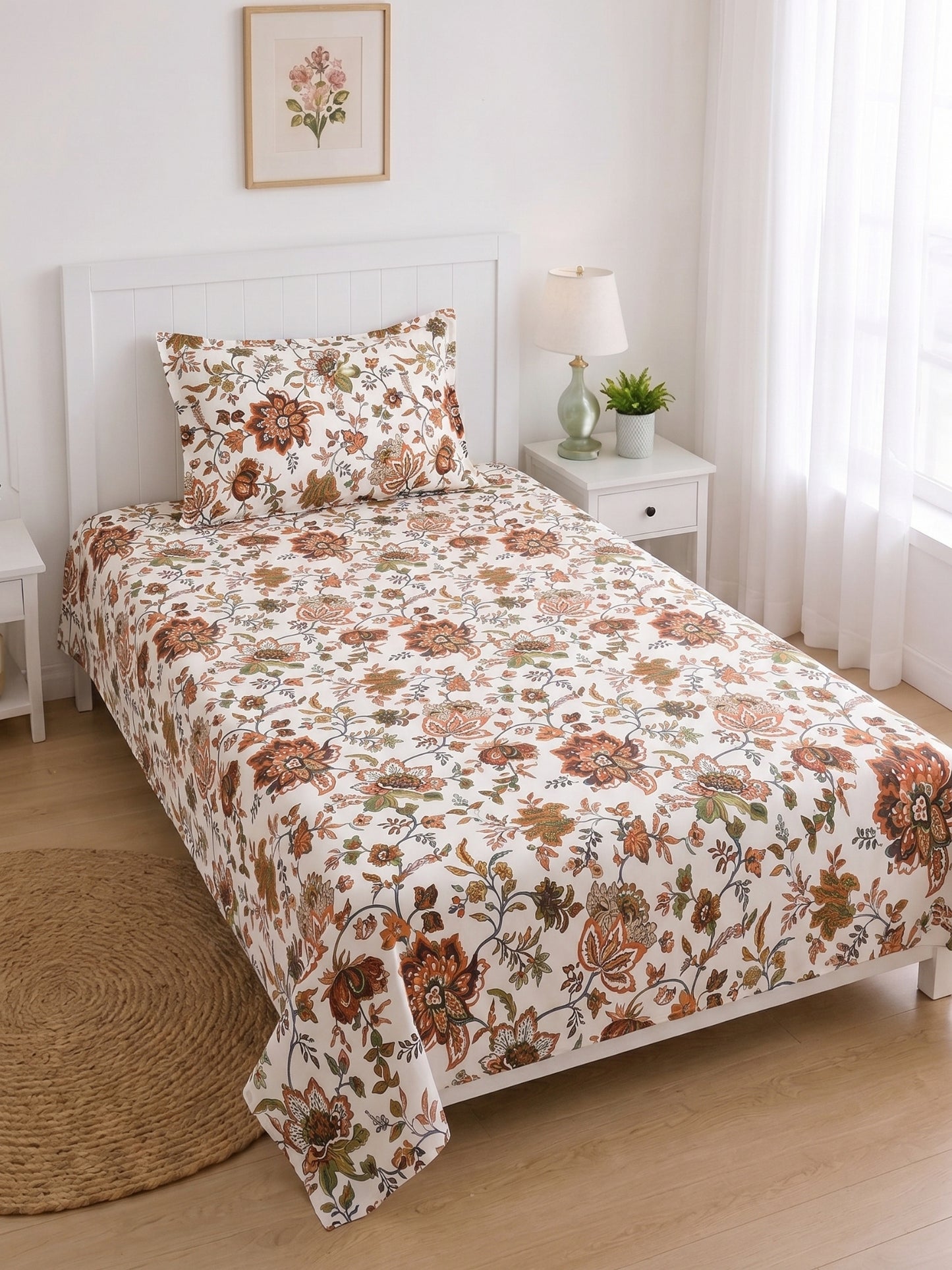 144 TC Pure Cotton Single Bedsheet 90 x 60 Inch with 1 Pillow Cover