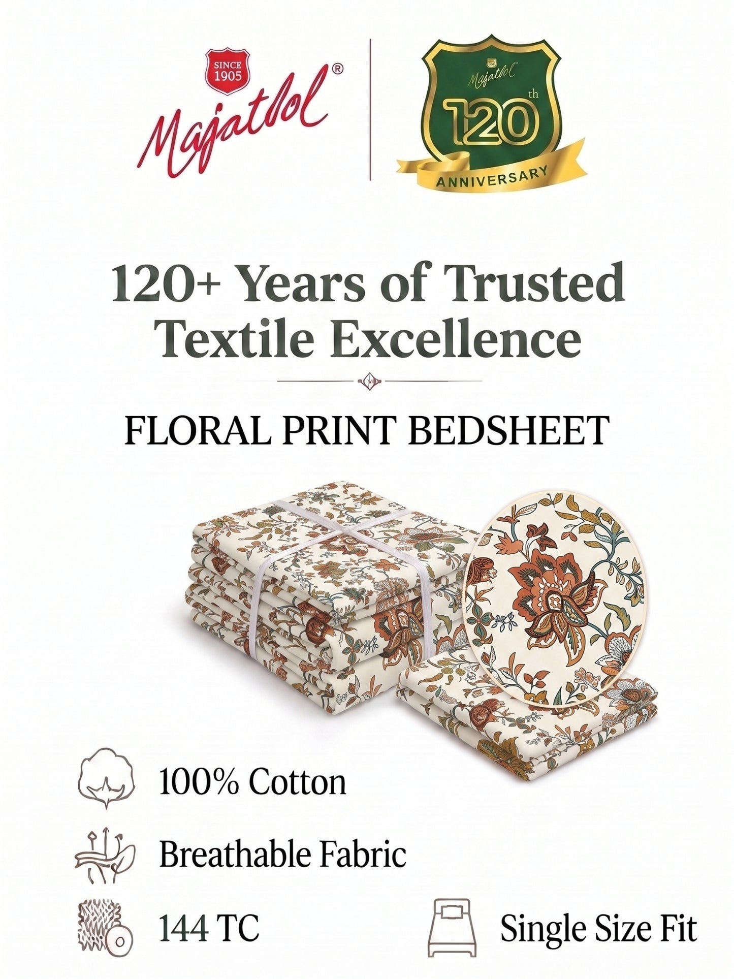 144 TC Pure Cotton Single Bedsheet 90 x 60 Inch with 1 Pillow Cover
