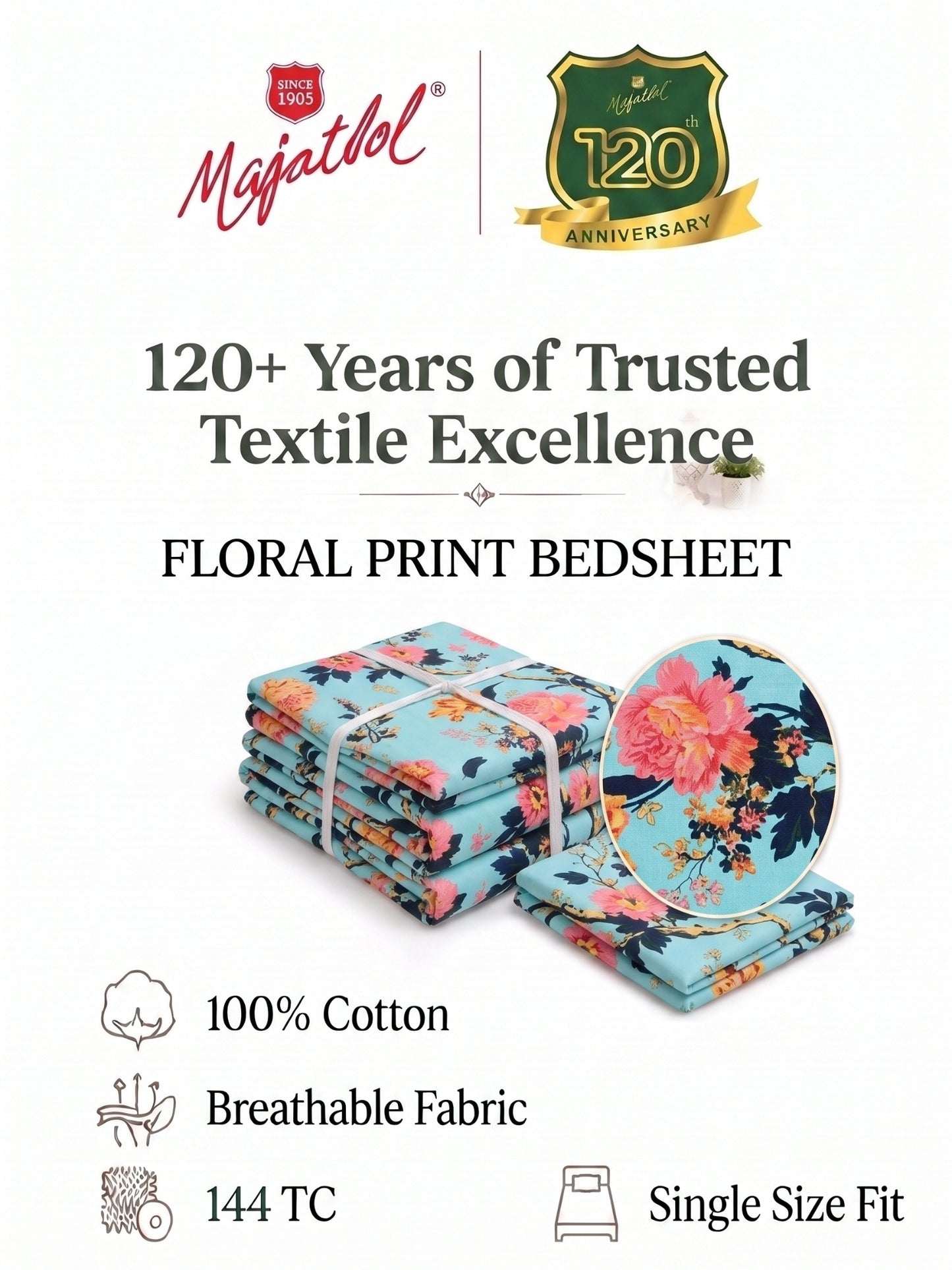 144 TC Pure Cotton Single Bedsheet 90 x 60 Inch with 1 Pillow Cover