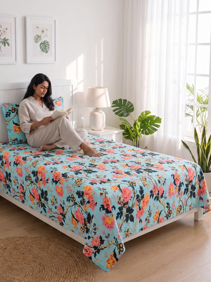 144 TC Pure Cotton Single Bedsheet 90 x 60 Inch with 1 Pillow Cover