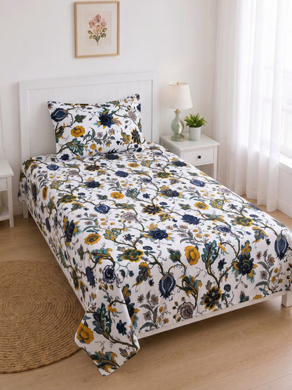 144 TC Pure Cotton Single Bedsheet 90 x 60 Inch with 1 Pillow Cover