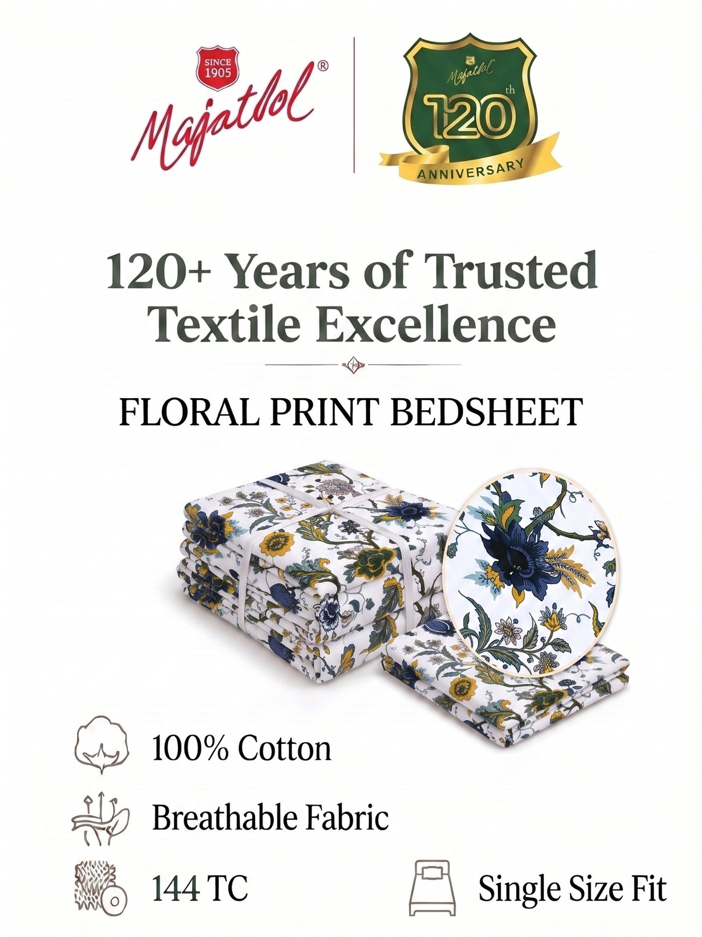 144 TC Pure Cotton Single Bedsheet 90 x 60 Inch with 1 Pillow Cover