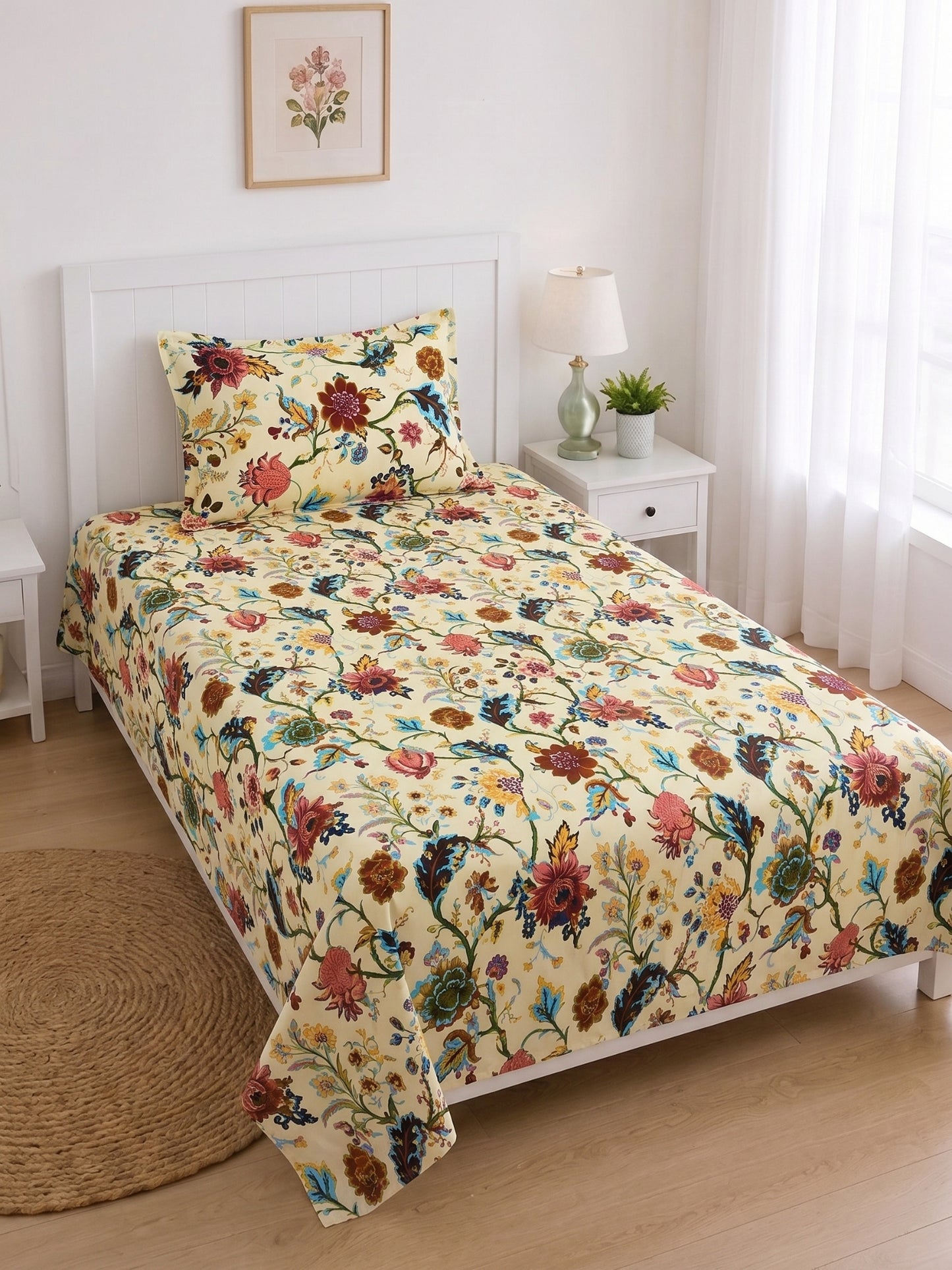 144 TC Pure Cotton Single Bedsheet 90 x 60 Inch with 1 Pillow Cover