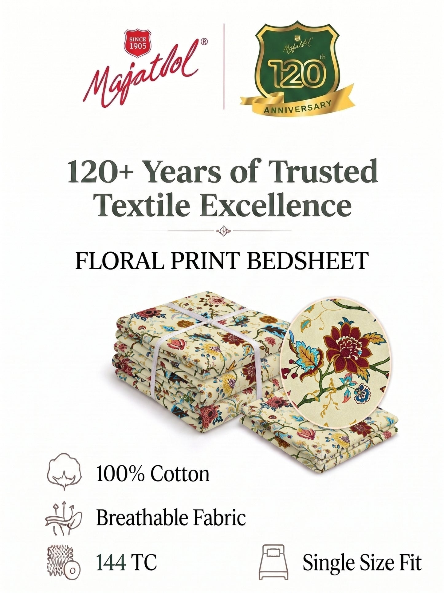 144 TC Pure Cotton Single Bedsheet 90 x 60 Inch with 1 Pillow Cover