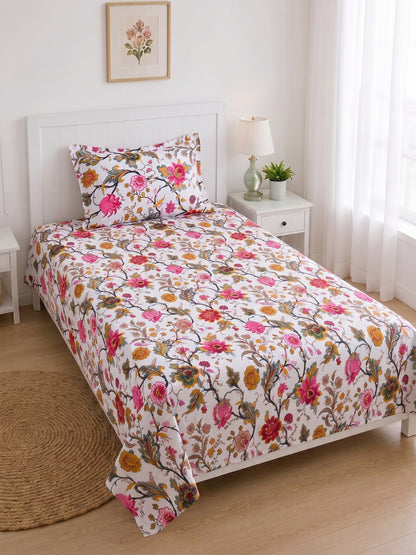 144 TC Pure Cotton Single Bedsheet 90 x 60 Inch with 1 Pillow Cover