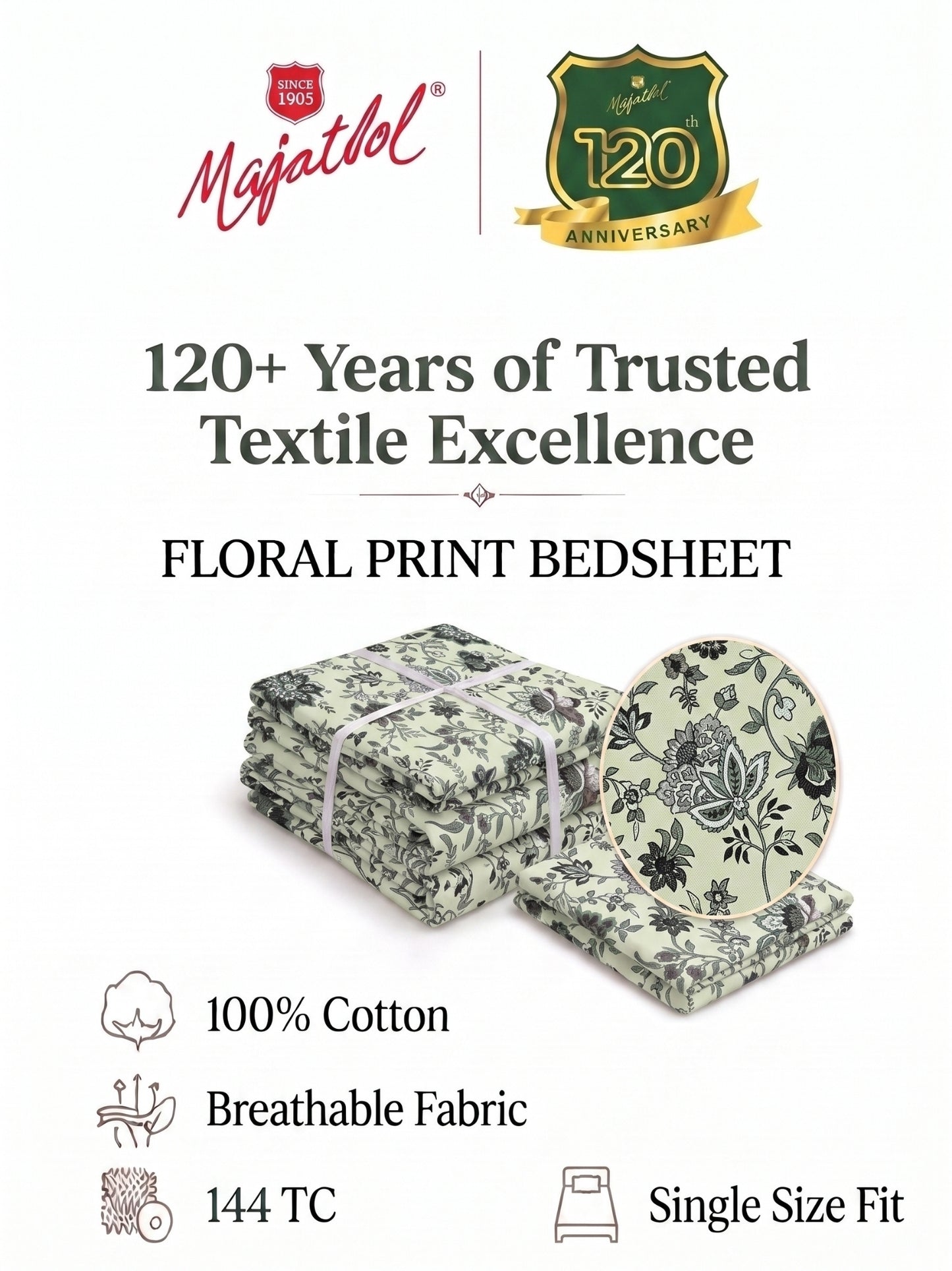 144 TC Pure Cotton Single Bedsheet 90 x 60 Inch with 1 Pillow Cover