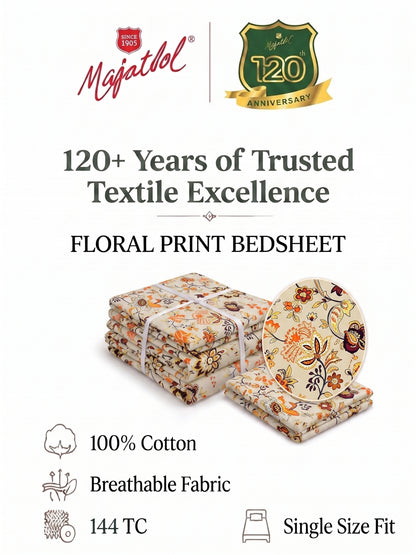 144 TC Pure Cotton Single Bedsheet 90 x 60 Inch with 1 Pillow Cover