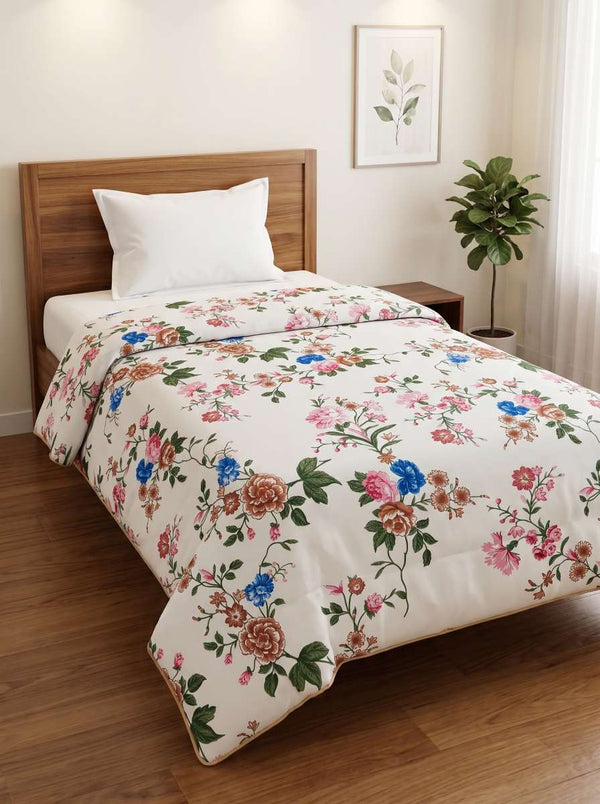 120 GSM Reversible Single Bed Comforter, Lightweight AC Comforter, 154 x 228 cm | Floral Cream