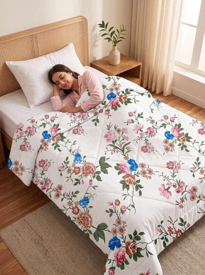 120 GSM Reversible Single Bed Comforter, Lightweight AC Comforter, 154 x 228 cm | Floral Cream