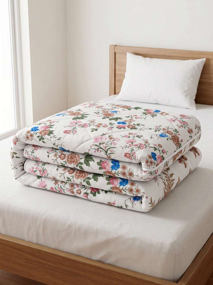 120 GSM Reversible Single Bed Comforter, Lightweight AC Comforter, 154 x 228 cm | Floral Cream